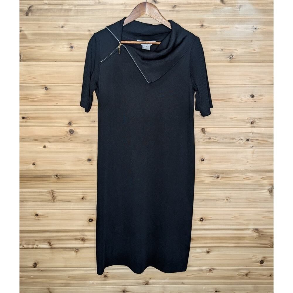 Misook Dress Womens‎ Medium Black Knit Dress Zip Neck Knee Length